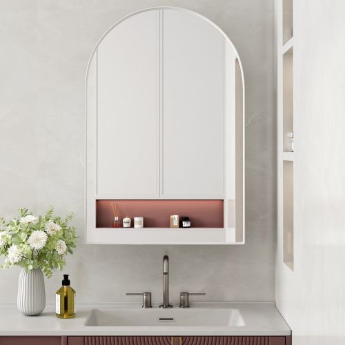 Armoire Miroir Arquée En Métal Blanc Avec Étagères Réglables