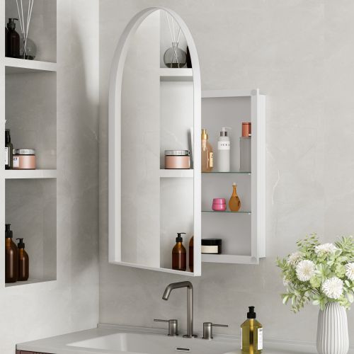 Armoire Miroir Arquée En Métal Blanc Avec Étagères Réglables