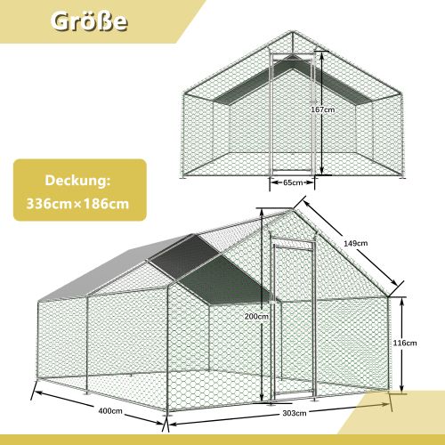 Enclos Poulailler Extérieur Métal 3x4x2 M Avec Bâche Pe Étanche Et Serrure, Argent