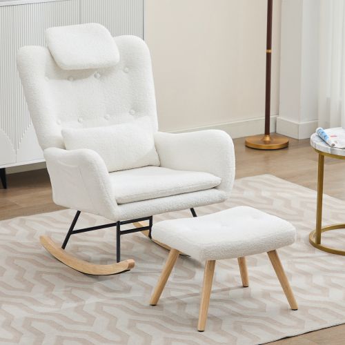 Fauteuil à Bascule Avec Pouf, Tissu Teddy, Structure Métal Et Pieds En Bois, Blanc