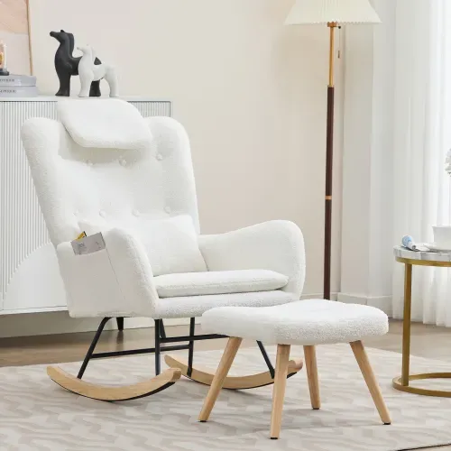 Fauteuil à Bascule Avec Pouf, Tissu Teddy, Structure Métal Et Pieds En Bois, Blanc