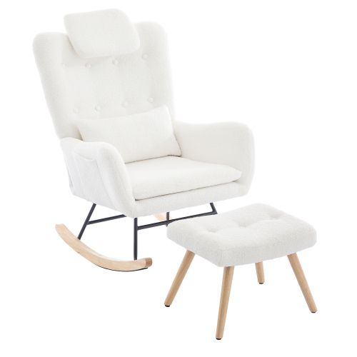 Fauteuil à Bascule Avec Pouf, Tissu Teddy, Structure Métal Et Pieds En Bois, Blanc