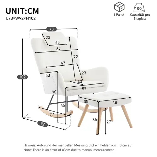 Fauteuil à Bascule Avec Pouf, Tissu Teddy, Structure Métal Et Pieds En Bois, Blanc