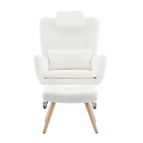Fauteuil à Bascule Avec Pouf, Tissu Teddy, Structure Métal Et Pieds En Bois, Blanc