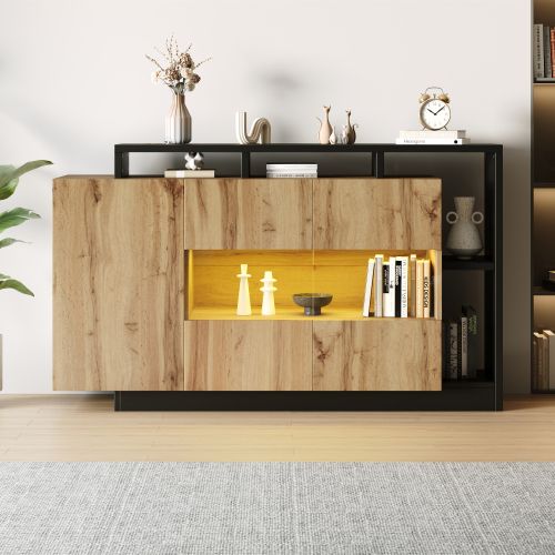 Buffet LED 140 X 44 X 94 Cm Avec Bluetooth, Éclairage Rgb USB, En Mdf, Couleur Bois