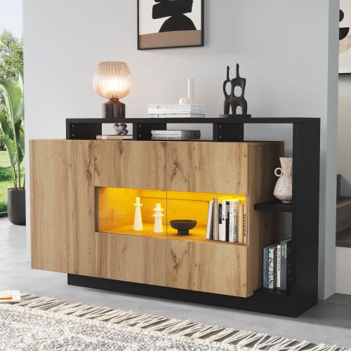 Buffet LED 140 X 44 X 94 Cm Avec Bluetooth, Éclairage Rgb USB, En Mdf, Couleur Bois