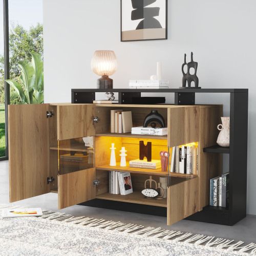 Buffet LED 140 X 44 X 94 Cm Avec Bluetooth, Éclairage Rgb USB, En Mdf, Couleur Bois