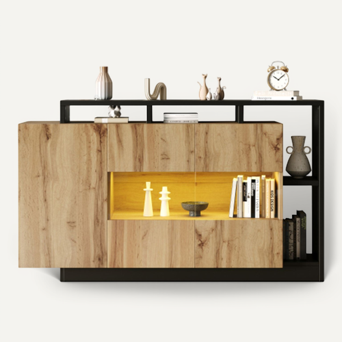Buffet LED 140 X 44 X 94 Cm Avec Bluetooth, Éclairage Rgb USB, En Mdf, Couleur Bois