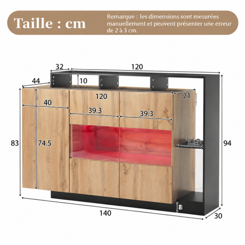 Buffet LED 140 X 44 X 94 Cm Avec Bluetooth, Éclairage Rgb USB, En Mdf, Couleur Bois
