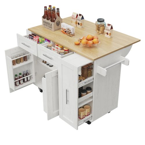 Desserte De Cuisine à Roulettes Avec Plateau Rabattable, En Mdf Et Métal, Blanc