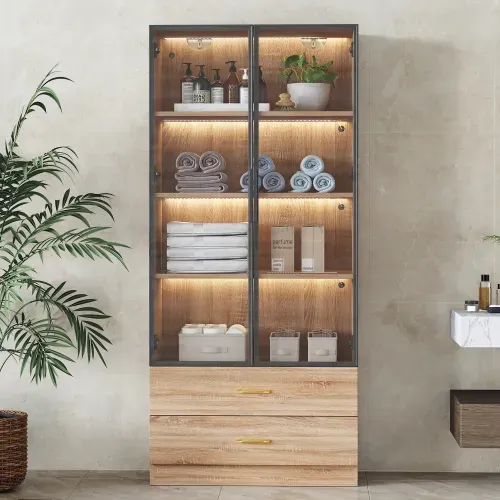 Vitrine Bois Avec Réglette Lumineuse, 2 Tiroirs, 2 Portes Vitrées