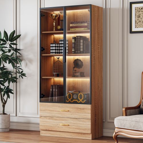 Vitrine Bois Avec Réglette Lumineuse, 2 Tiroirs, 2 Portes Vitrées