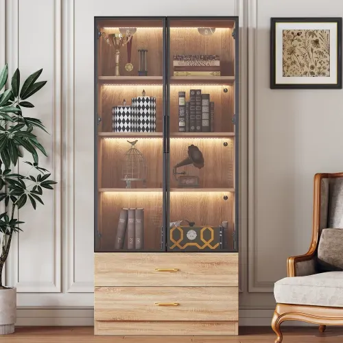 Vitrine Bois Avec Réglette Lumineuse, 2 Tiroirs, 2 Portes Vitrées