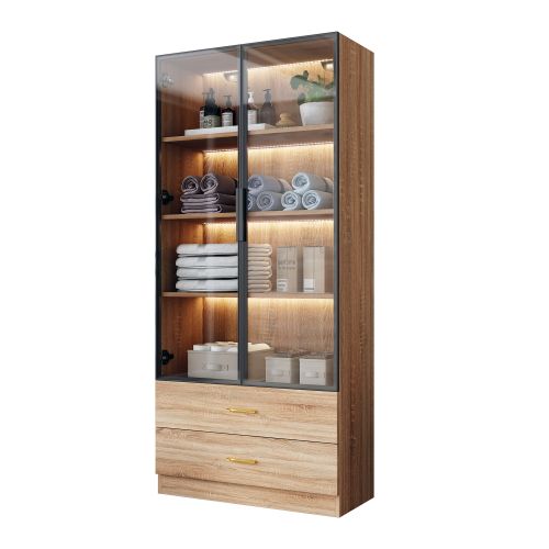 Vitrine Bois Avec Réglette Lumineuse, 2 Tiroirs, 2 Portes Vitrées