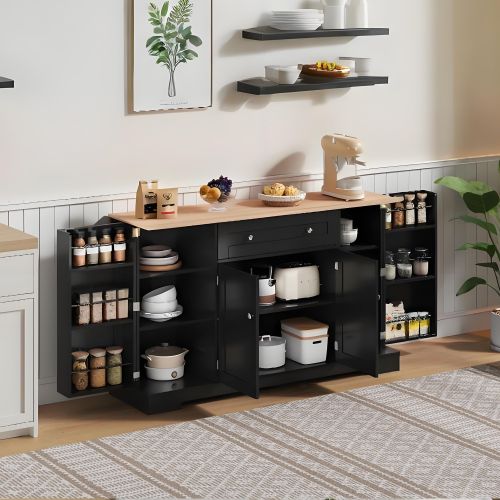 Buffet De Cuisine 138 Cm Noir - 1 Tiroir, Double Porte, 2 Armoires Latérales Réglables