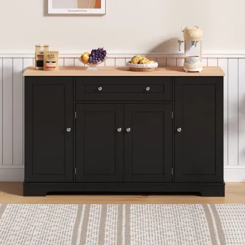 Buffet De Cuisine 138 Cm Noir - 1 Tiroir, Double Porte, 2 Armoires Latérales Réglables