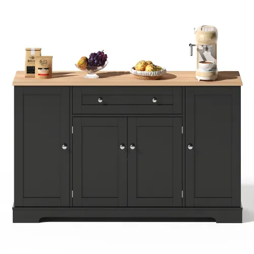 Buffet De Cuisine 138 Cm Noir - 1 Tiroir, Double Porte, 2 Armoires Latérales Réglables
