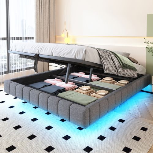Lit Coffre Adulte 160x200 Cm, Sans Tête De Lit, Avec LED, En Lin Gris