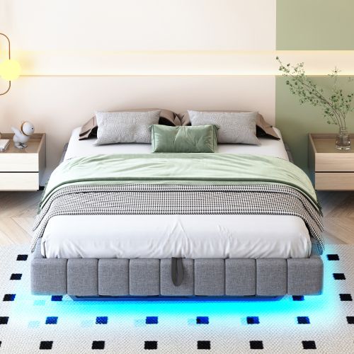 Lit Coffre Adulte 160x200 Cm, Sans Tête De Lit, Avec LED, En Lin Gris