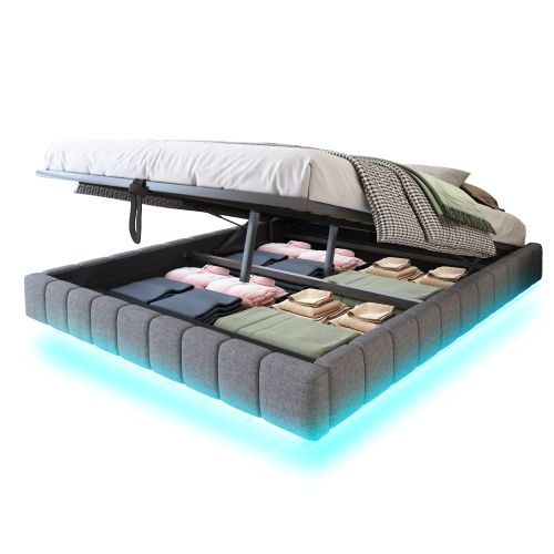 Lit Coffre Adulte 160x200 Cm, Sans Tête De Lit, Avec LED, En Lin Gris