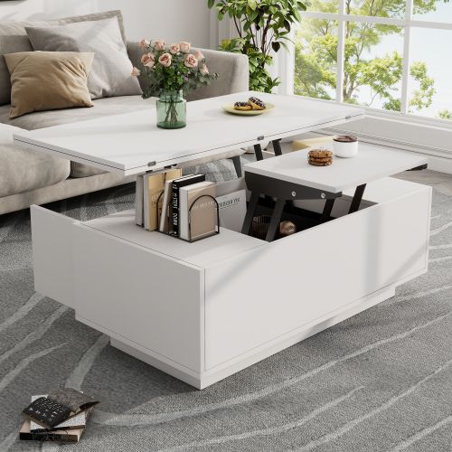 Table Basse Relevable Rectangulaire Blanche Avec Rangement Caché, 2 Portes