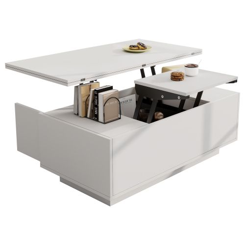 Table Basse Relevable Rectangulaire Blanche Avec Rangement Caché, 2 Portes