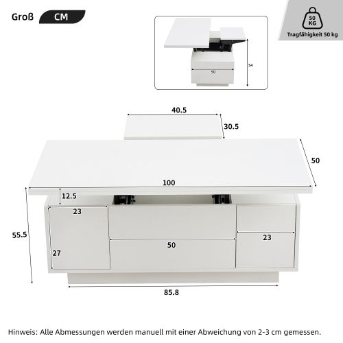 Table Basse Relevable Rectangulaire Blanche Avec Rangement Caché, 2 Portes