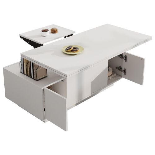 Table Basse Relevable Rectangulaire Blanche Avec Rangement Caché, 2 Portes