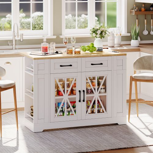 Desserte De Cuisine à 4 Roulettes Avec Plateau Rabattable, En Mdf, Blanc Et Naturel