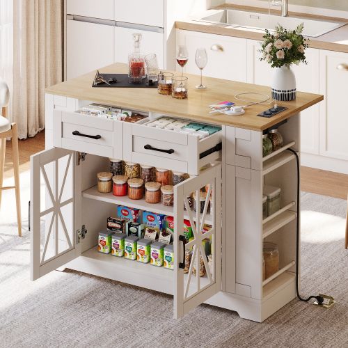 Desserte De Cuisine à 4 Roulettes Avec Plateau Rabattable, En Mdf, Blanc Et Naturel