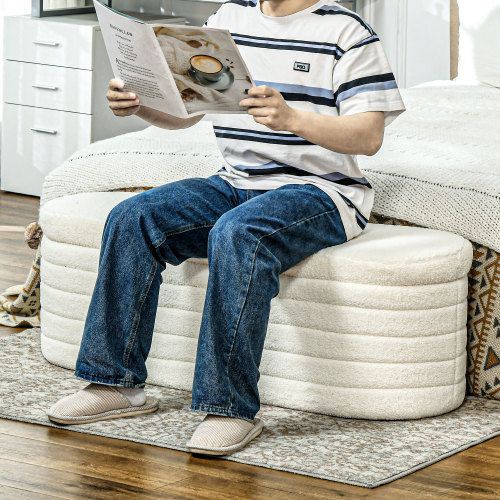Banc De Rangement, Assise Rembourrée En Polyester Crème, Pieds Protecteurs