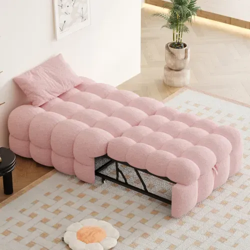 Canapé convertible, 2-en-1 Pouf Et Lit, En Tissu Teddy, Rose