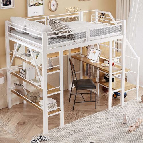 Lit Mezzanine 140x200 Cm, Avec Bureau Et Armoire, En Métal, Blanc