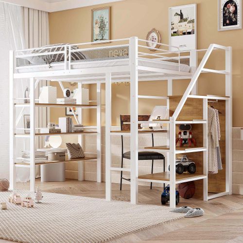 Lit Mezzanine 140x200 Cm, Avec Bureau Et Armoire, En Métal, Blanc