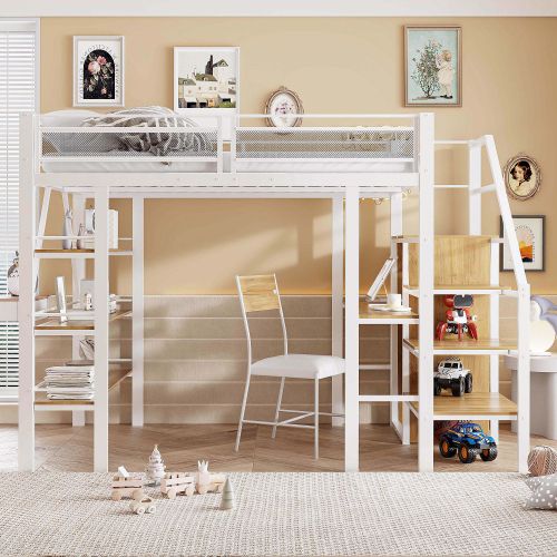 Lit Mezzanine 140x200 Cm, Avec Bureau Et Armoire, En Métal, Blanc