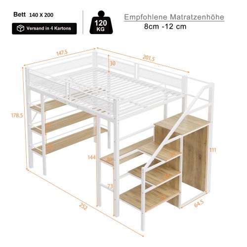 Lit Mezzanine 140x200 Cm, Avec Bureau Et Armoire, En Métal, Blanc