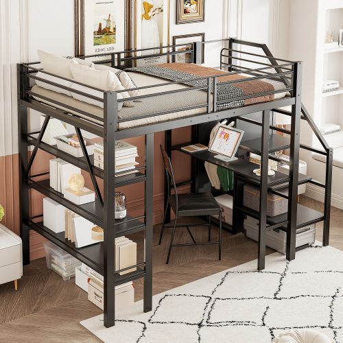 Lit Mezzanine 140x200 Cm, Avec Bureau Et Rangement, Garde-corps Haut, En Métal, Noir