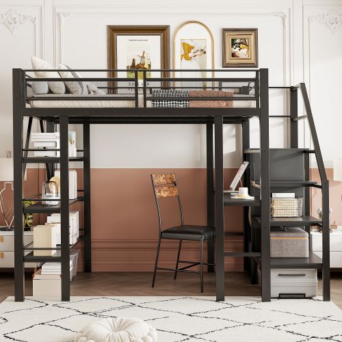 Lit Mezzanine 140x200 Cm, Avec Bureau Et Rangement, Garde-corps Haut, En Métal, Noir