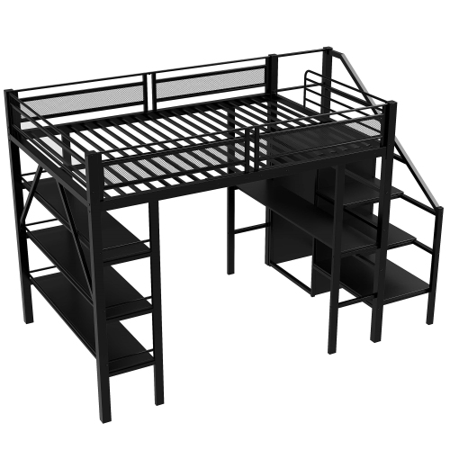 Lit Mezzanine 140x200 Cm, Avec Bureau Et Rangement, Garde-corps Haut, En Métal, Noir