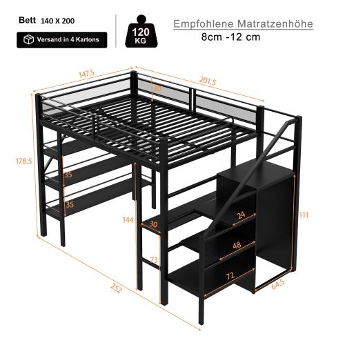 Lit Mezzanine 140x200 Cm, Avec Bureau Et Rangement, Garde-corps Haut, En Métal, Noir