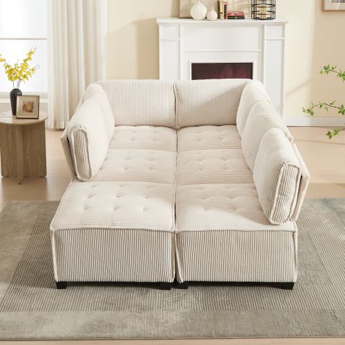 Canapé Convertible Modulaire 6 Places 308 Cm En Tissu Côtelé Beige Avec Poches Latérales