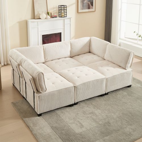 Canapé Convertible Modulaire 6 Places 308 Cm En Tissu Côtelé Beige Avec Poches Latérales