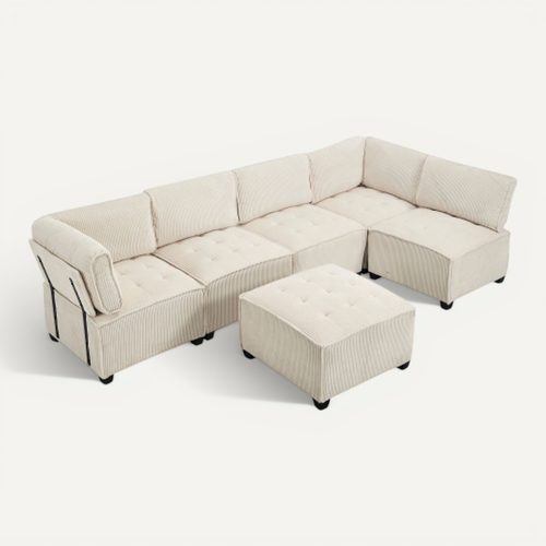 Canapé Convertible Modulaire 6 Places 308 Cm En Tissu Côtelé Beige Avec Poches Latérales