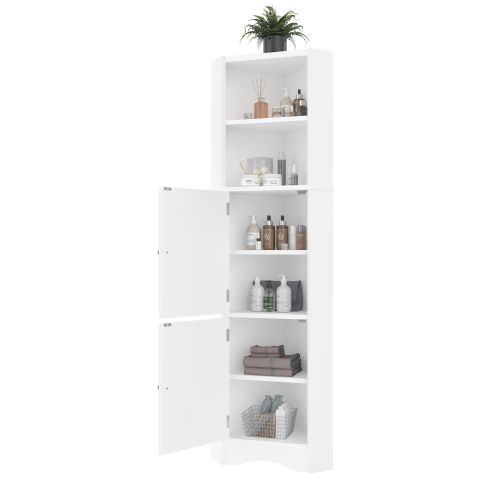Colonne De Salle De Bain D'angle, 2 Étagères Ouvertes, 2 Portes, Étagères Réglables, Blanc