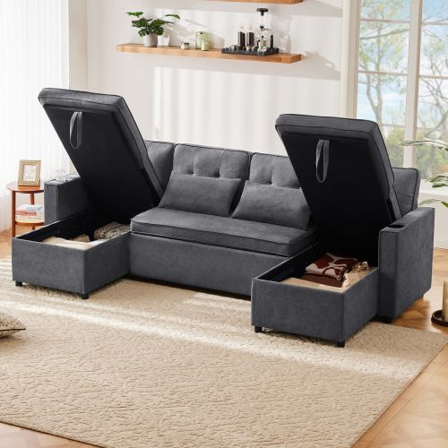 Canapé D'angle Convertible Extra-large 4 Places Gris Avec Rangements Et Porte-gobelets