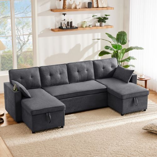 Canapé D'angle Convertible Extra-large 4 Places Gris Avec Rangements Et Porte-gobelets