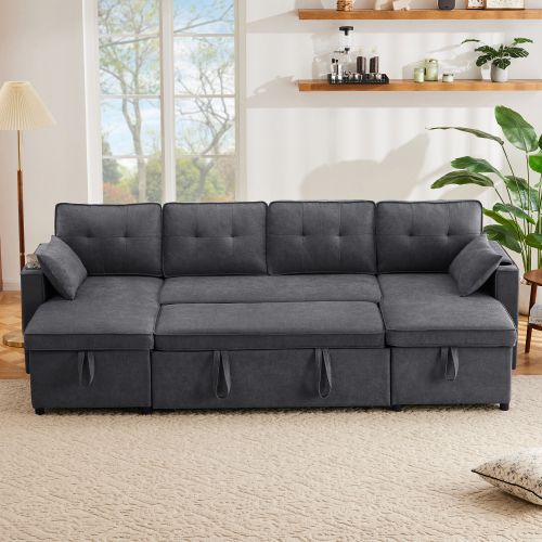 Canapé D'angle Convertible Extra-large 4 Places Gris Avec Rangements Et Porte-gobelets