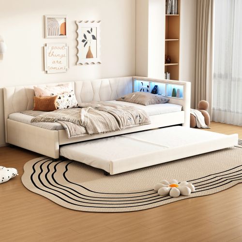 Lit Gigogne 90x200 Cm, Tête De Lit De Rangement Et LED, Avec Lattes, En Lin, Beige