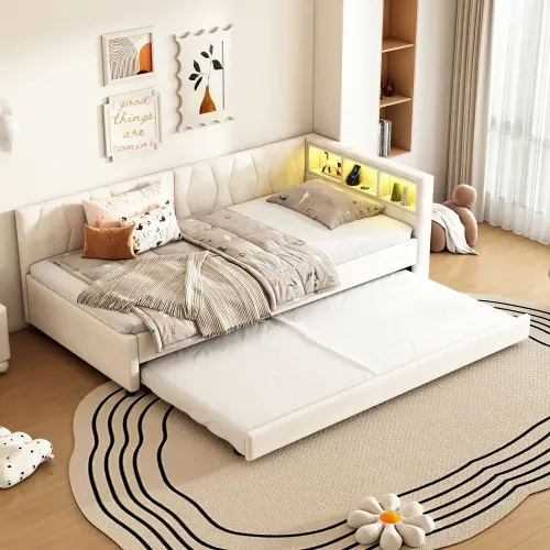 Lit Gigogne 90x200 Cm, Tête De Lit De Rangement Et LED, Avec Lattes, En Lin, Beige