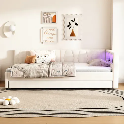 Lit Gigogne 90x200 Cm, Tête De Lit De Rangement Et LED, Avec Lattes, En Lin, Beige